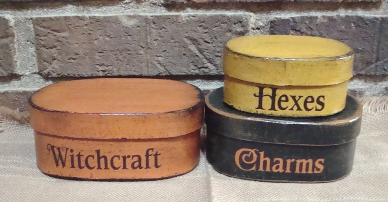 Primitive Halloween Oval 3 Pc. Shaker boxes Witchcraft, Hexes, Charms Handpainted