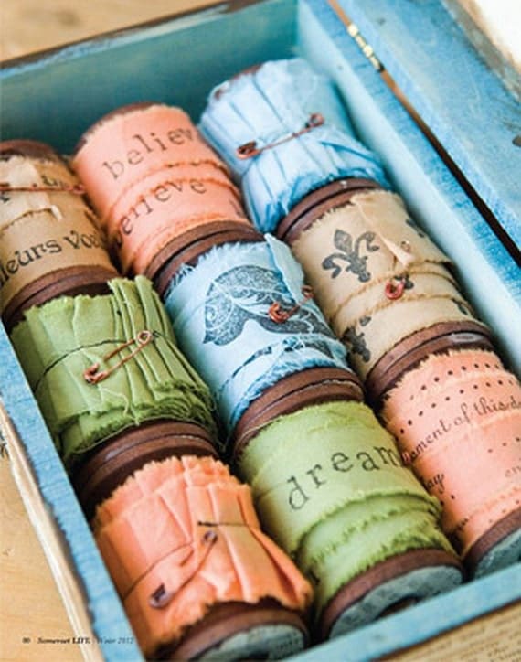 Hand Dyed and Stamped Ribbons on Spools