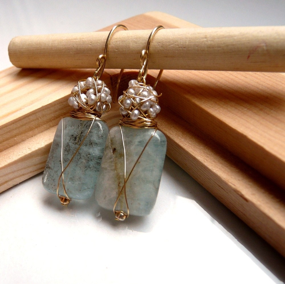 New The Camille - sweet earrings with big aquamarine and silver sea pearls