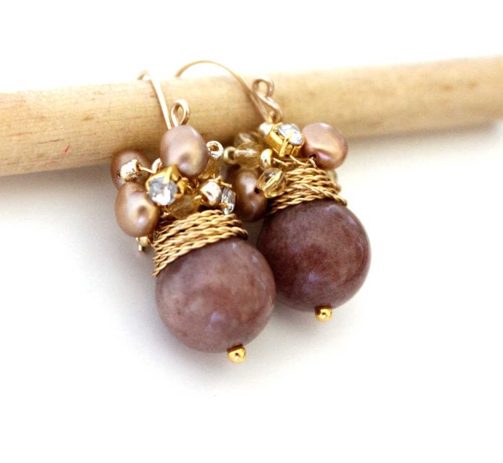 FREE shipping - The Soralee - fresh earrings with big brown jade and golden sea pearls