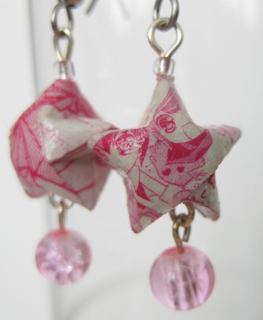 Pink Origami Lucky Star Earrings made from manga with pink crackle bead dangle