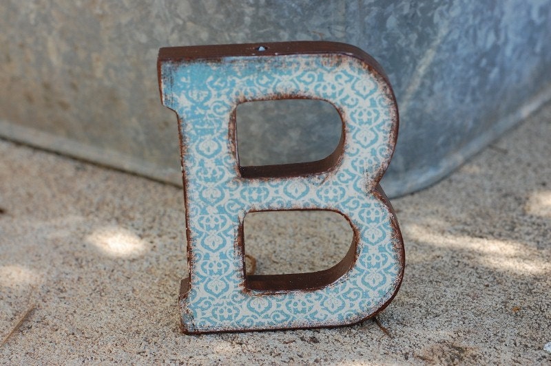 Wooden Letter- SMALL 4 3/4 inch any letter of your choice in vintage baby blue damask theme