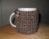 handmade crocheted mug cozy in barley brown