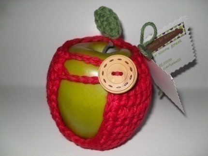 handmade crocheted apple cozy, apple coozy, or apple sweater in beautiful true red with green leaf  eco friendly