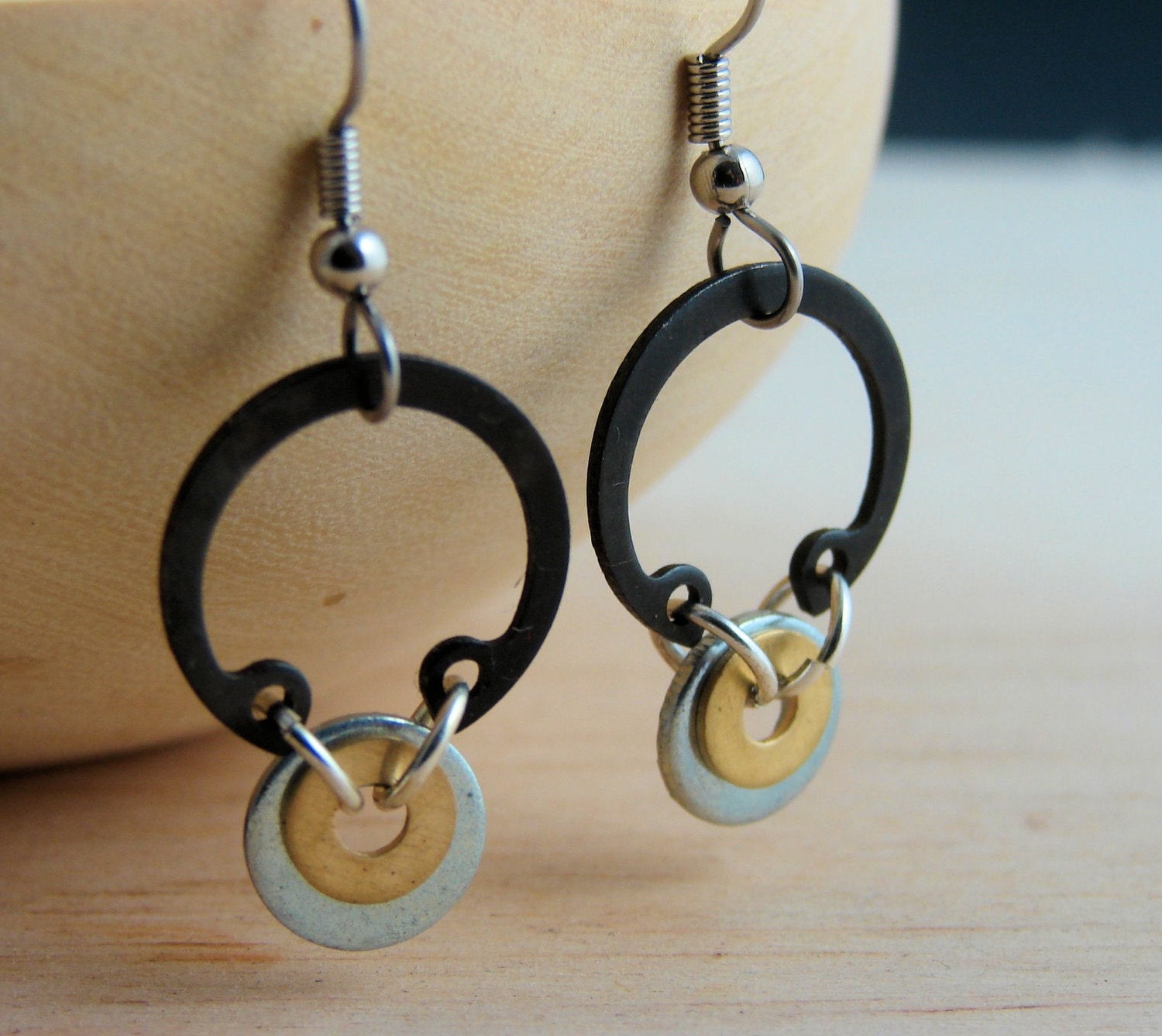 Dangle Earrings Chandelier Hardware Jewelry Industrial Black Metal C clamp with Steel and  Brass Washers