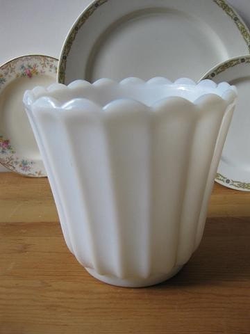 Vintage Ribbed and Scalloped Milk Glass Vase or Planter