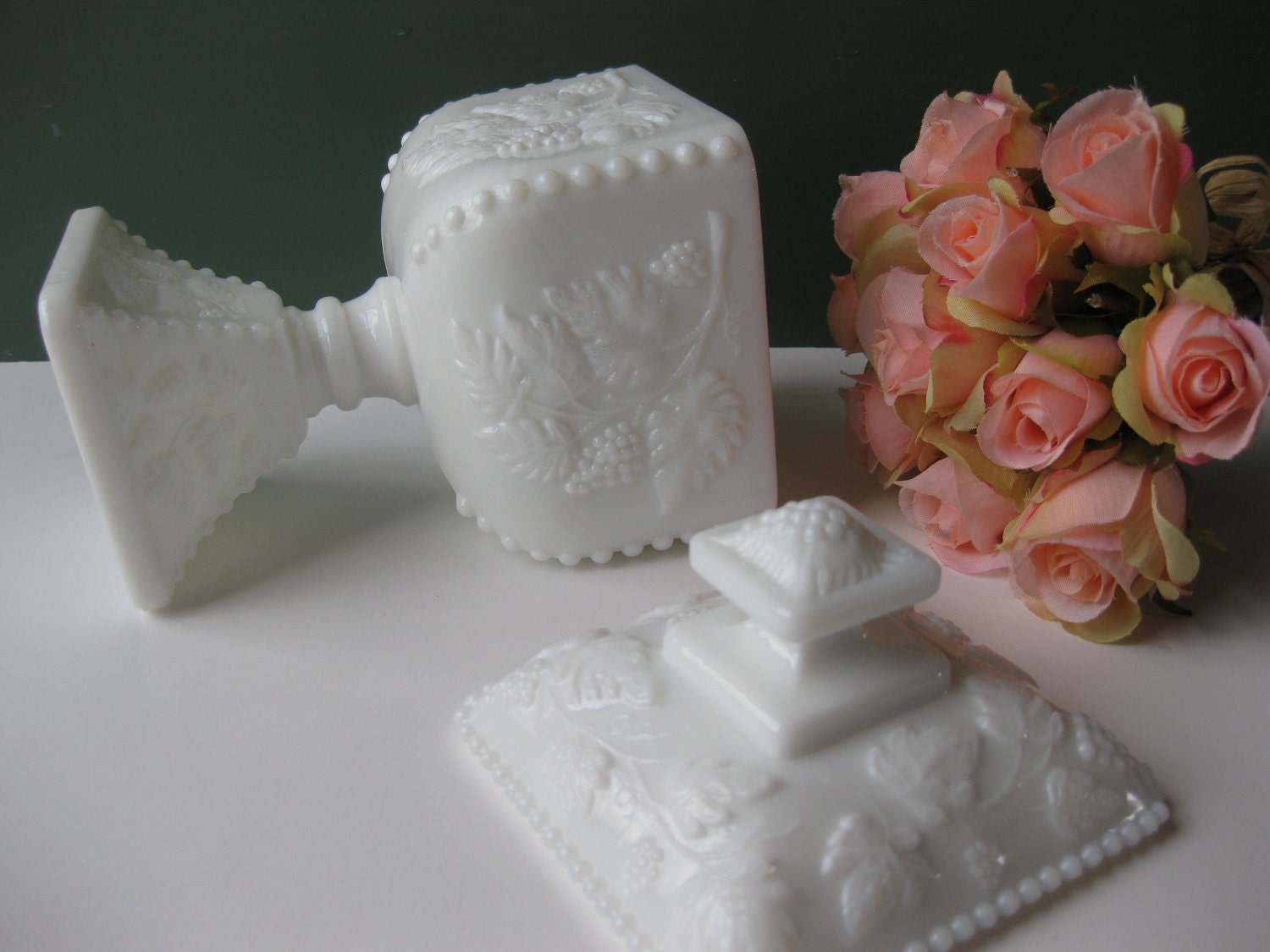 Vintage Westmoreland Milk Glass Bead Grape Covered Dish