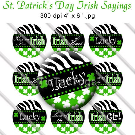 Zebra Shamrock St. Patrick's Day Sayings Bottle Cap Digital Set 1 Inch Circle Kiss Me I'm Irish 4x6
