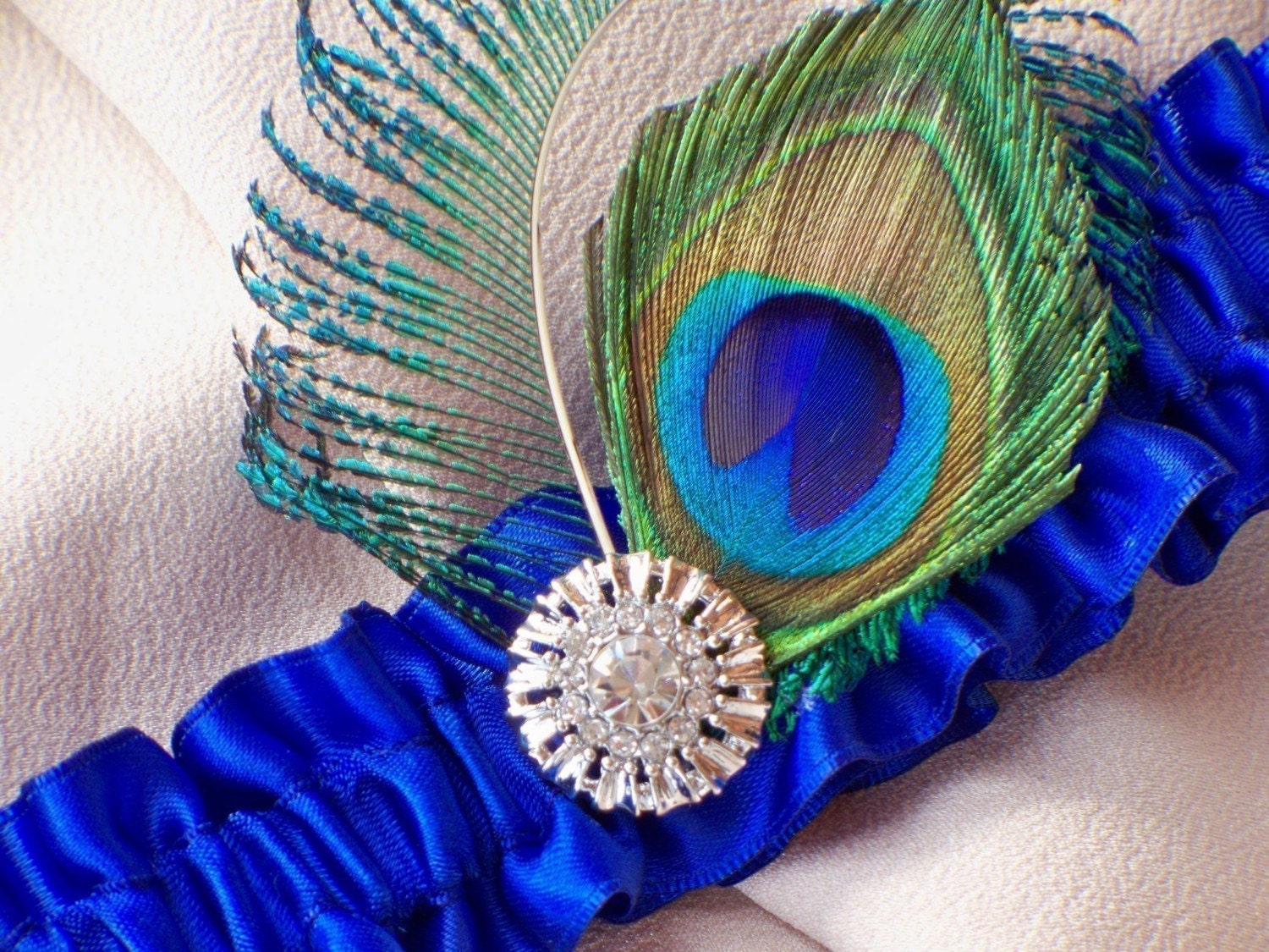 Peacock Feather Royal Blue Accented Bridal Wedding Garter
