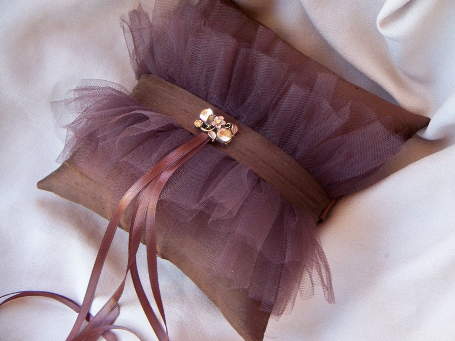 Elegant Brown Tulle Bridal Rhinestone Wedding Ring Bearer Pillow