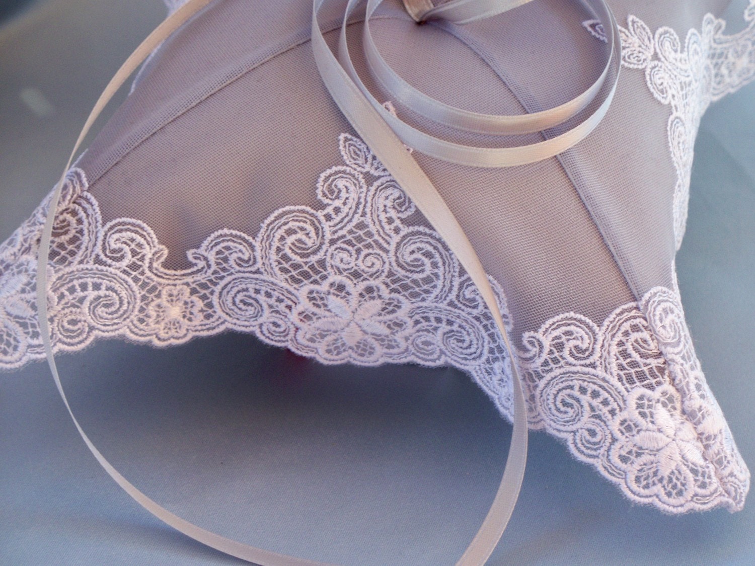 Petitie Silver Grey White Embroidered Bridal Lace Wedding Ring Bearer Pillow