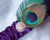Peacock Feather Dark Purple Rhinestone Accented Bridal Wedding Garter