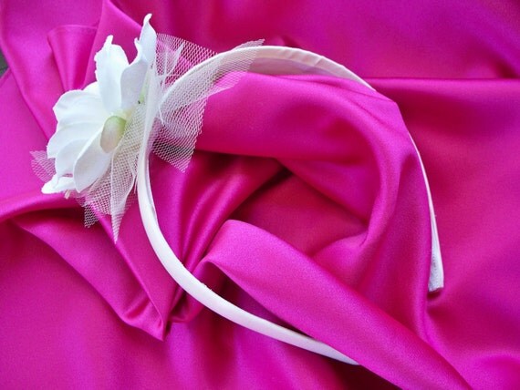 Ivory Satin Flower Girls Bridal Headband Silk Flower Tulle Leaves Leaf Pearl Rhinestone Button Accent