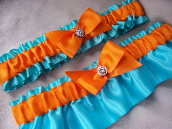 Elegant Sex Appeal Aqua Bright Orange Rhinestone Bridal Garter Set