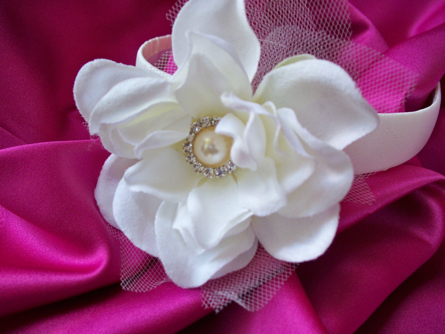 Ivory Satin Flower Girls Bridal Headband Silk Flower Tulle Leaves Leaf Pearl Rhinestone Button Accent