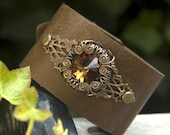 Brown Leather Cuff Bracelet with Crystal
