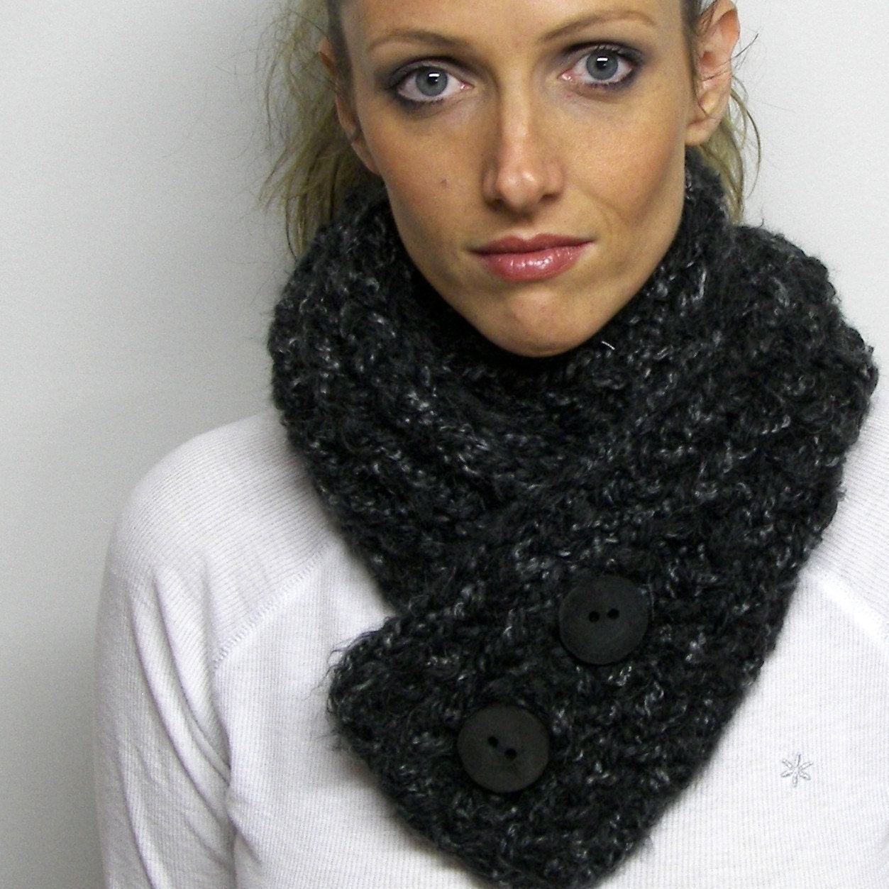 Button Up Scarf - Cowl - Neckwarmer in Charcoal Gray  with Tree Branch Buttons