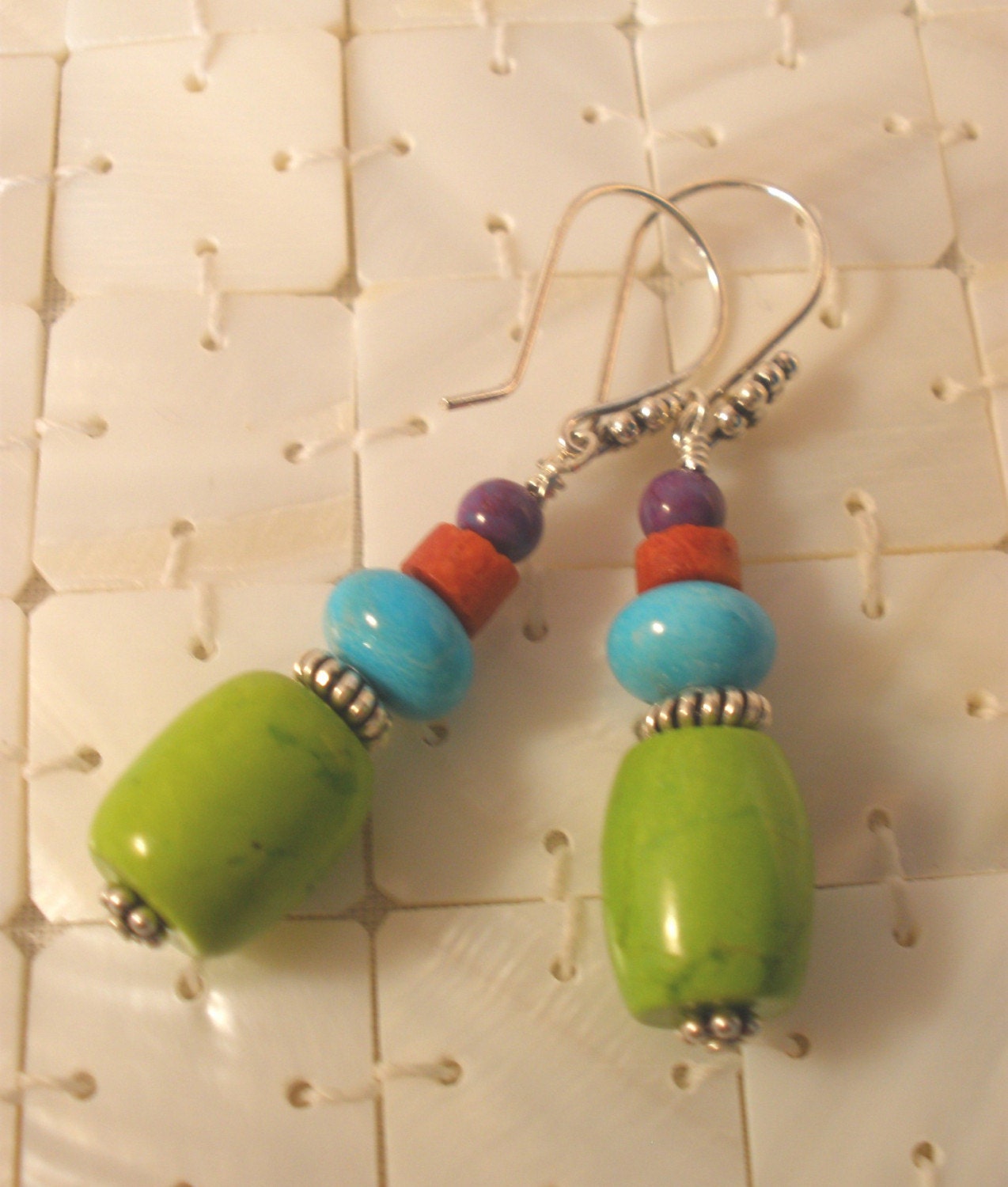 Multicolored Turquoise, Coral, and Bali Silver Earrings, Semi Precious Gemstone Jewelry, Turquoise Jewelry, Stack Earrings, Handcrafted