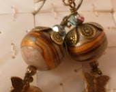 Multicolored Polymer Clay and Blue Glass Earrings with Butterfly Charms, Flowers on Antiqued Brass, Handcrafted Jewelry, Nature Jewelry