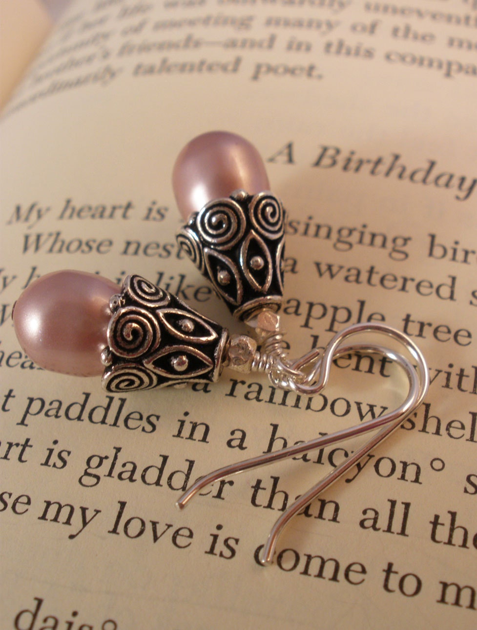 Sterling Silver Swarovski Crystal Pearl Drop Earrings in Powder Rose Pink, Handcrafted Sterling Silver Jewelry, Teardrop Pearl Earrings