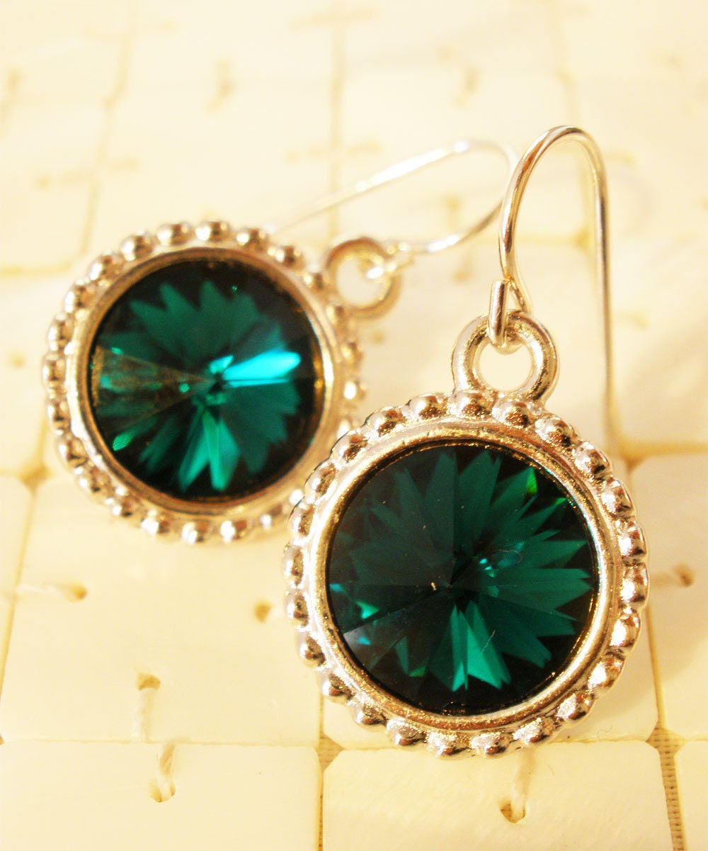 Swarovski Crystal Rivoli Earrings in Emerald Green on Sterling Silver, 12mm