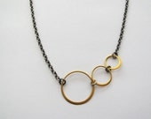 Gold and Oxidized Sterling Silver Necklace, Matte Finish Necklace,Vermeil Gold Circle Necklace, Asymetrical Gold Necklace