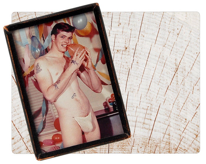 Pocket Mirror - Vintage Beefcake Nude Man Underwear Pinup, 50s/60s Tattooed Guy Happy Birthday Balloon Sexy Smile Penis Boy Man Male