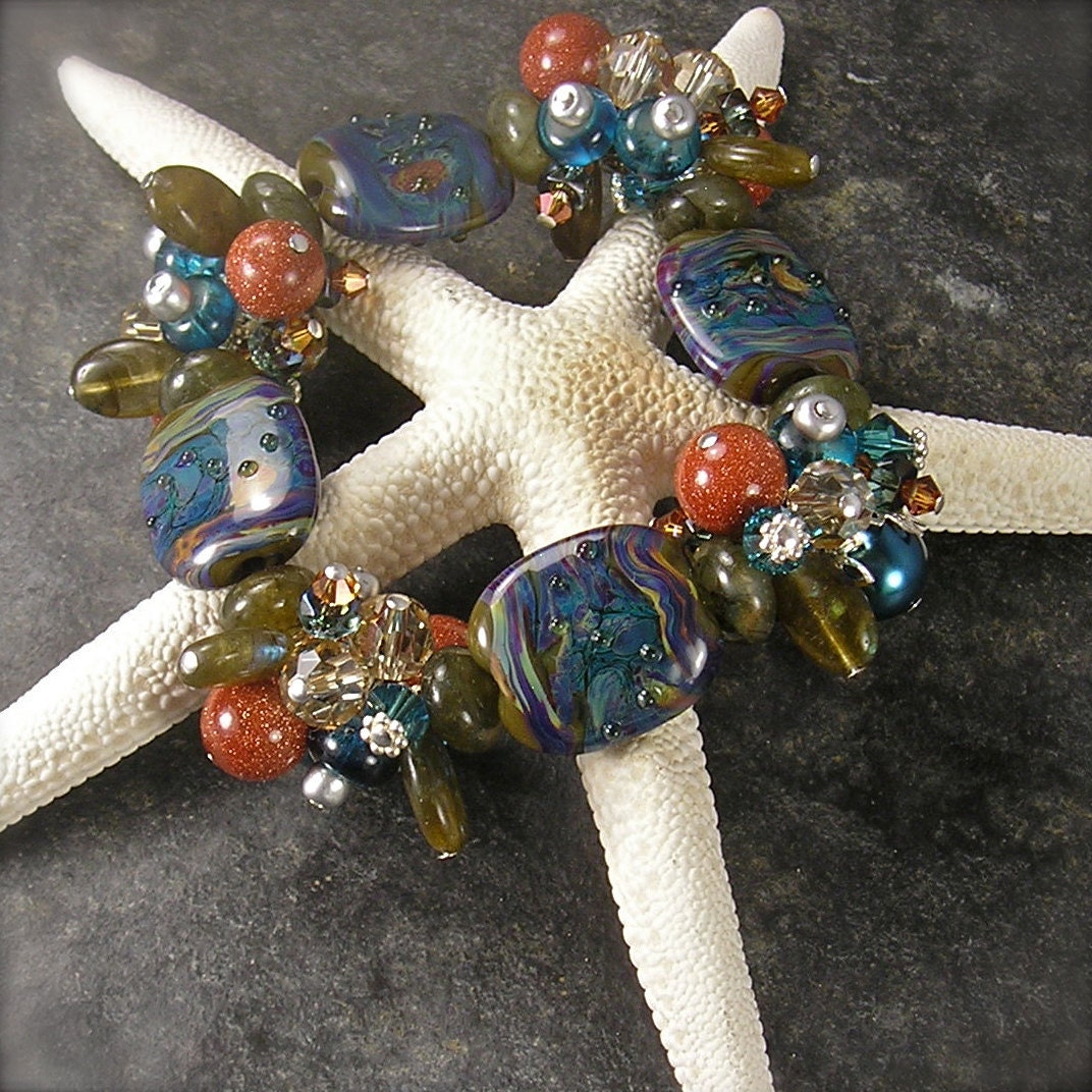 Colors of Van Gogh, lampwork bracelet, Stretchy Bracelet, chunky charm bracelet, Autumn bracelet, teal and amber bracelet, earthy bracelet