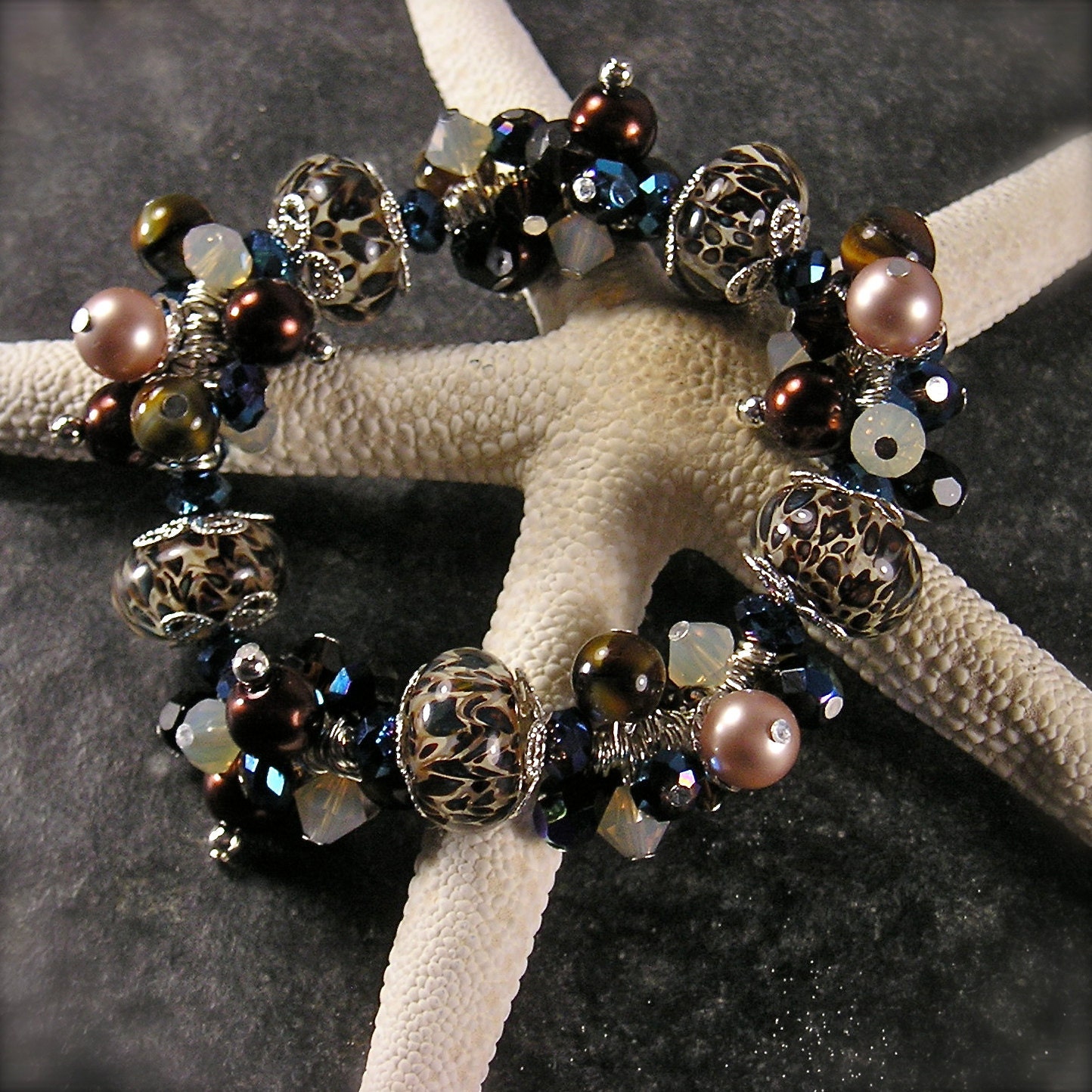 Wild and Untamed, Lampwork beads, Stretch bracelet, Chunky charm Bracelet, leopard print, Cha cha bracelet, blue, chocolate brown,