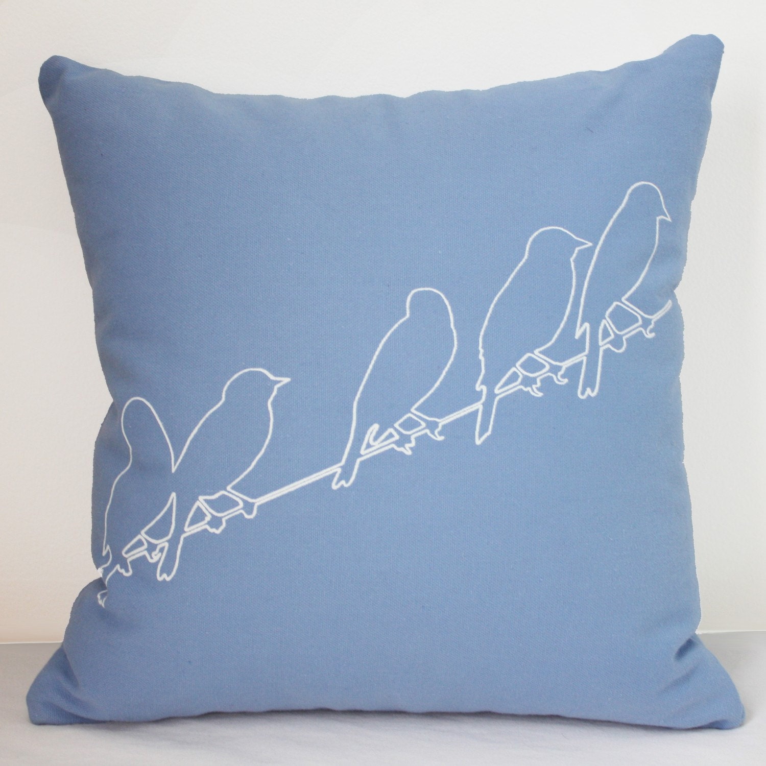 16 in. Square Throw Pillow - Dusty Blue with Birds on Wire print - wickedmint