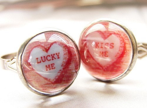 Lucky Me Valentine Pink Candy ring or red cuff links for him heart jewelry