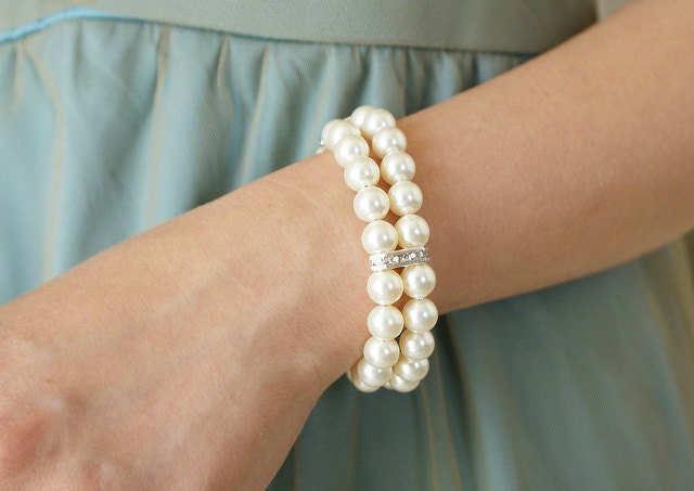 Pearl rhinestone bracelet double strands Swarovski crystal pearl bracelet, wedding jewelry bridal bracelet bridesmaid gifts