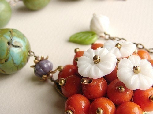 Tangerine Orange Statement Necklace, Statement jewelry, Beaded tangerine flower green turquoise - Floral jewelry