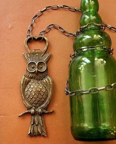 Bronze Owl Bottle Opener Necklace - owl necklace, bottle opener necklace, long owl necklace