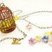 Rustic Bird Cage necklace, vintage glass beaded flower, flying bird necklace floral jewelry spring garden