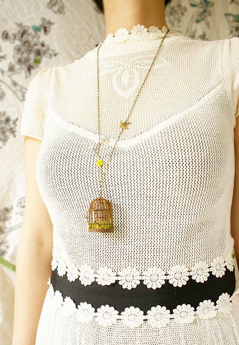 Rustic Bird Cage necklace, vintage glass beaded flower, flying bird necklace floral jewelry spring garden