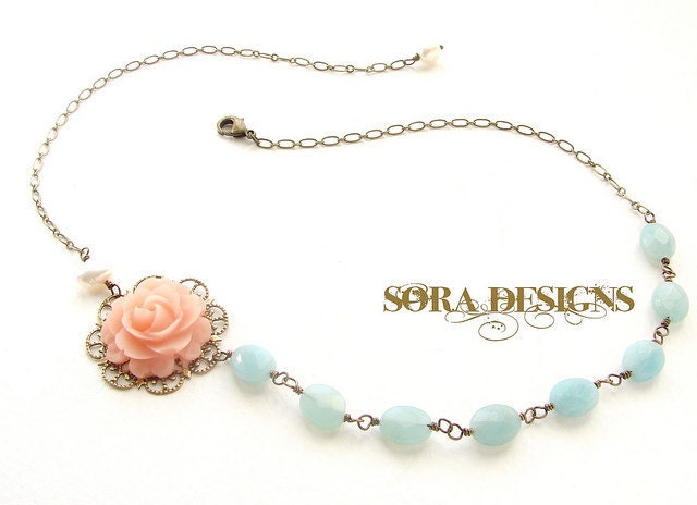 Blush Pink Rose aqua Necklace, Bridesmaid jewelry, Seafoam stones wedding necklace bridal wedding jewelry
