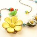 Vintage Yellow Buttercup Daisy Green Bird Necklace, Vintage Brooch orange flower bird necklace