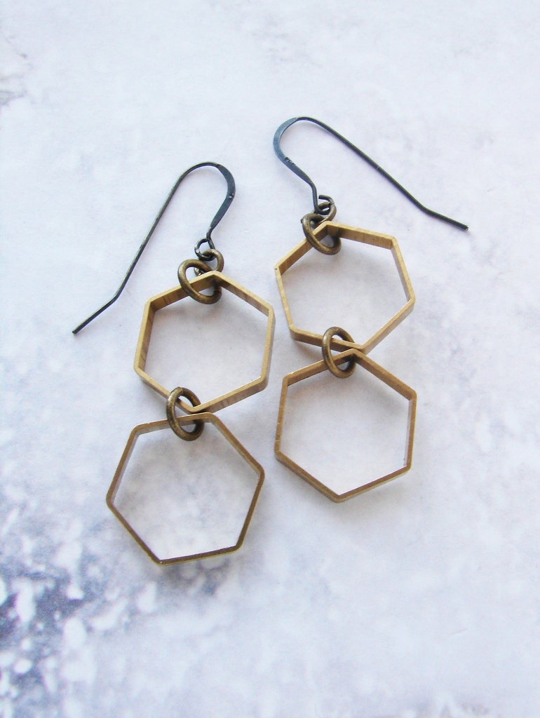 Vintage Honeycomb earrings - hexagon modern geometric earrings, simple everyday dangle earrings