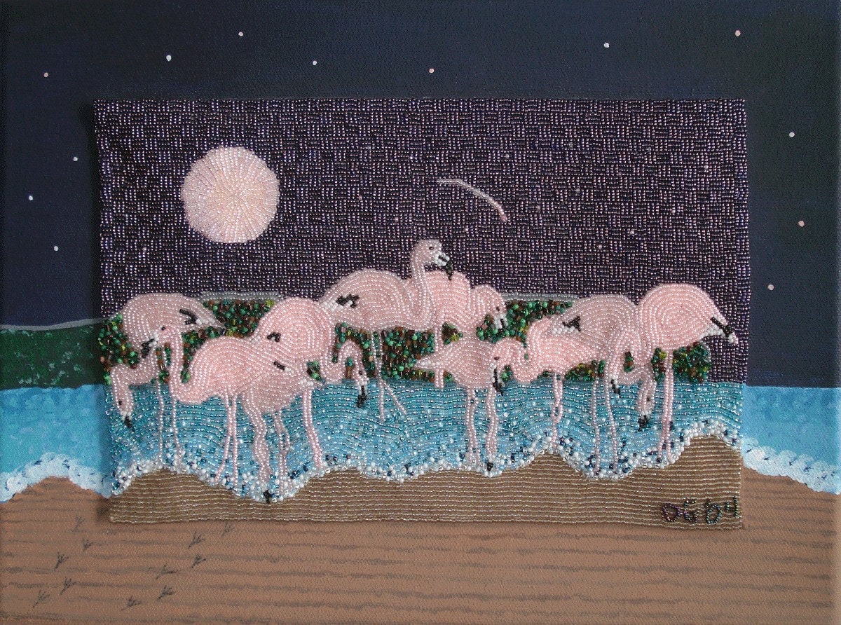 SALE: FLAMINGO MOON pink birds on beach beaded painting