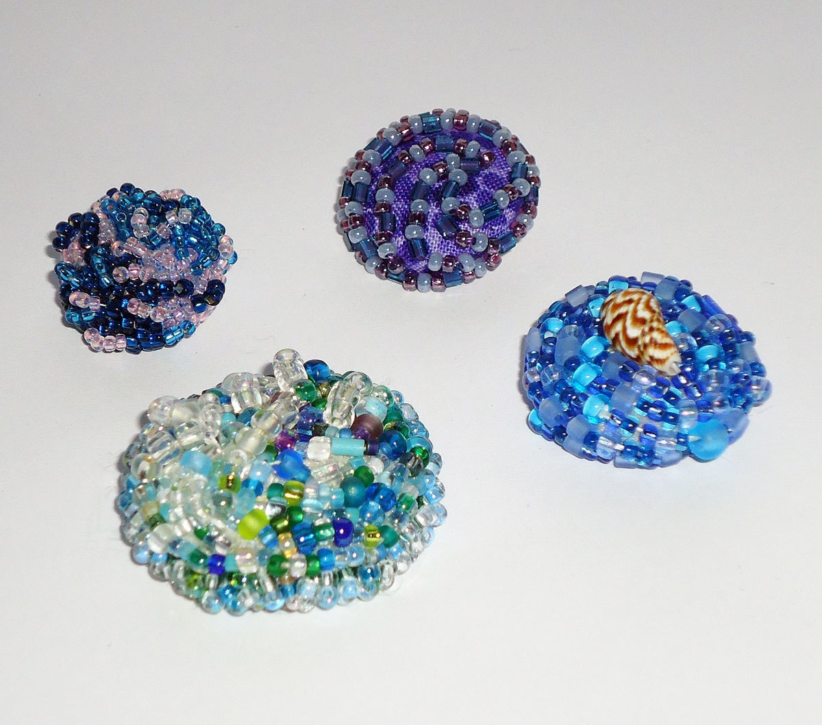 Set of 4 Unique Beaded Buttons w/ leather and metal shanks