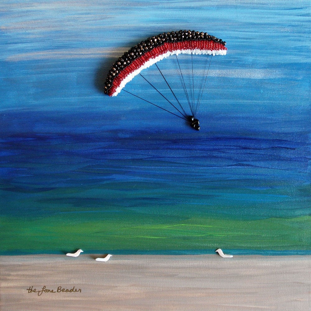 SALE: Parasail the Blue Skies. Original beaded acrylic painting 12 x 12