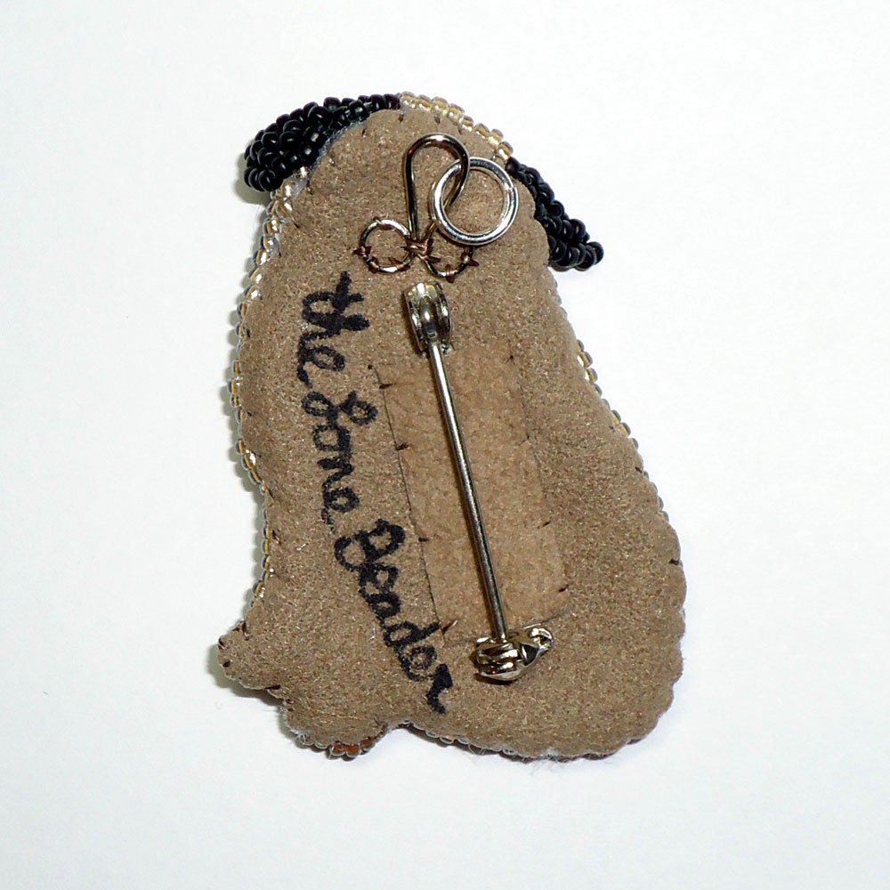 Beaded sitting PUG -Fawn or Black- wearable dog art pin/ pendant (Made to Order)