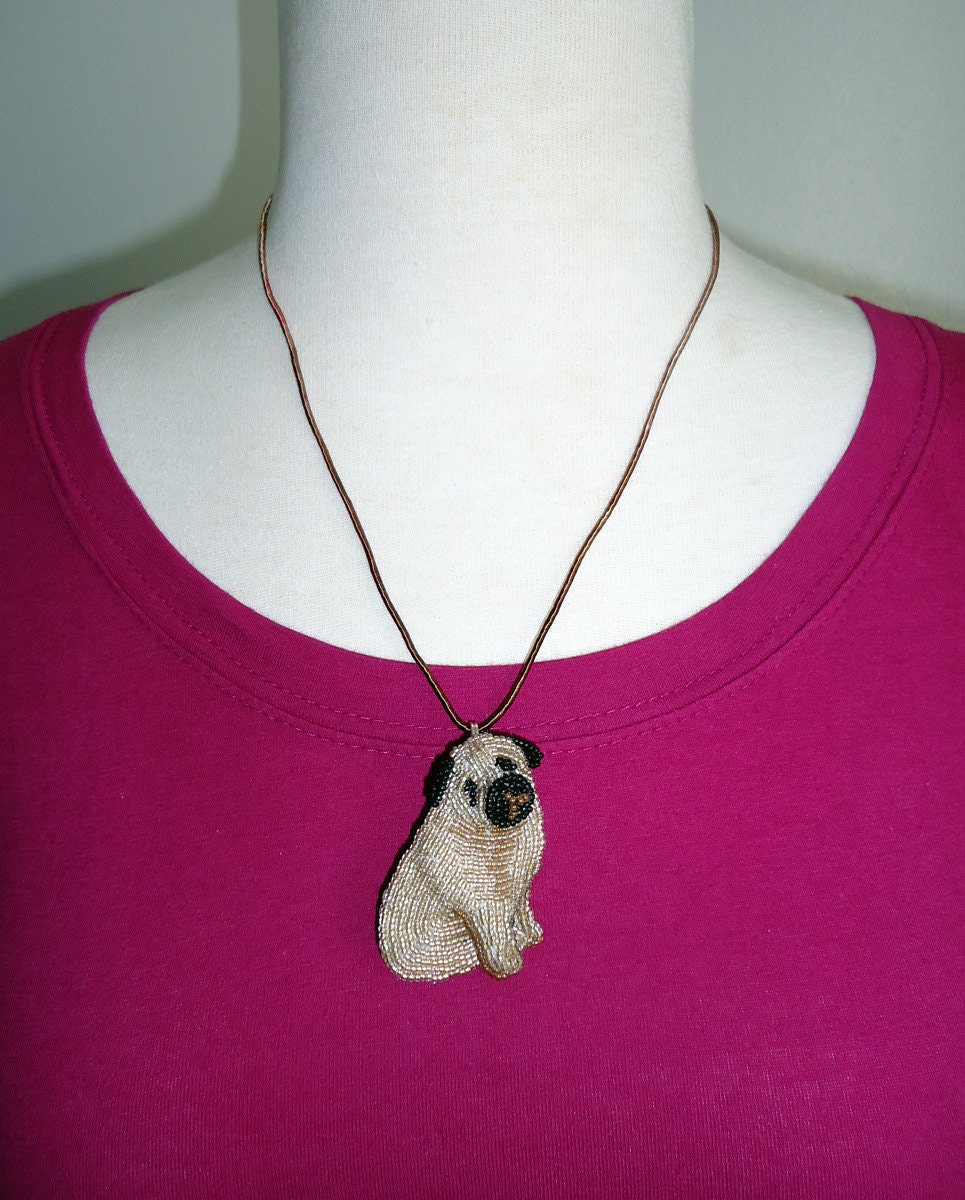 Beaded sitting PUG -Fawn or Black- wearable dog art pin/ pendant (Made to Order)