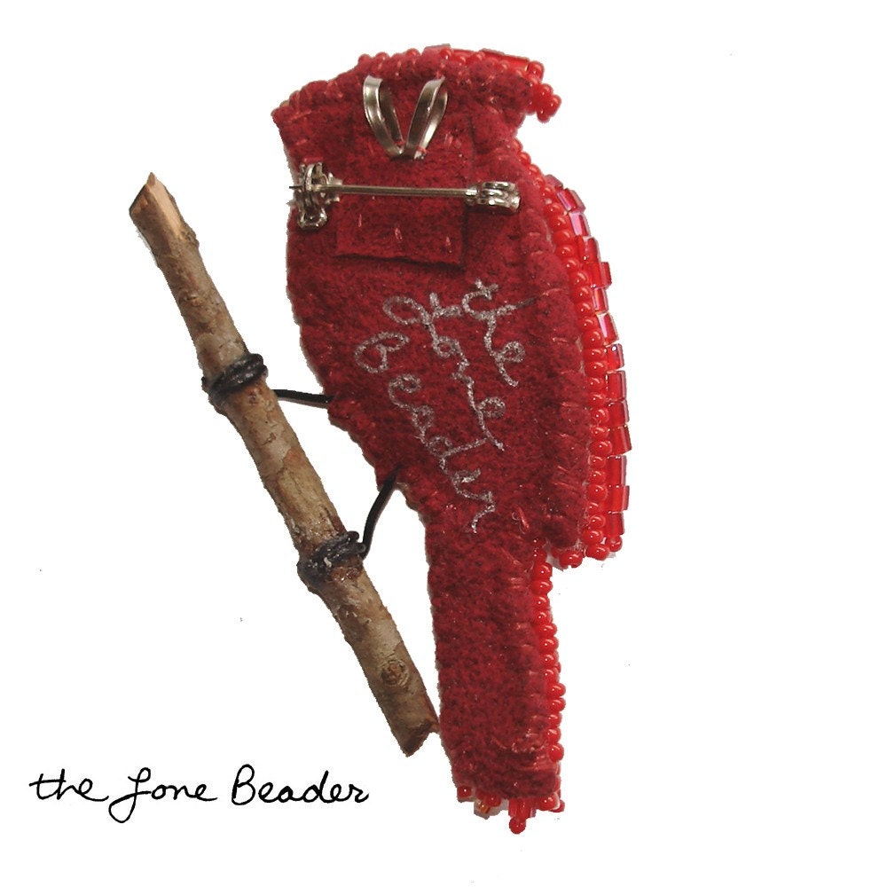 NORTHERN CARDINAL beaded holiday red bird art jewelry pin / pendant