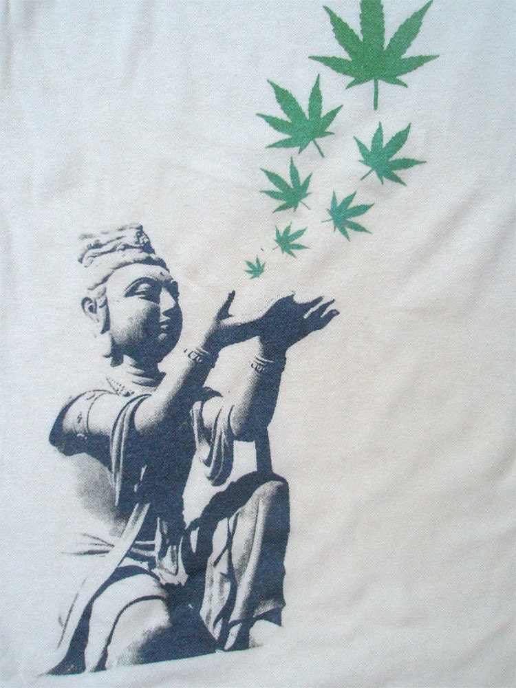 Hemp Mens Tshirt - Buddha Hemp Leaves - Hemp the renewable solution - hand printed