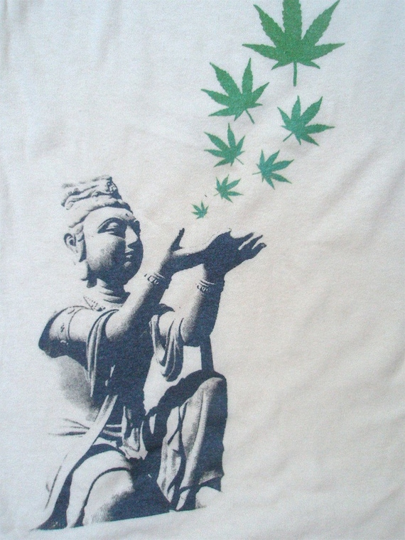 Hemp Mens Tshirt - Buddha Hemp Leaves - Hemp the renewable solution - hand printed