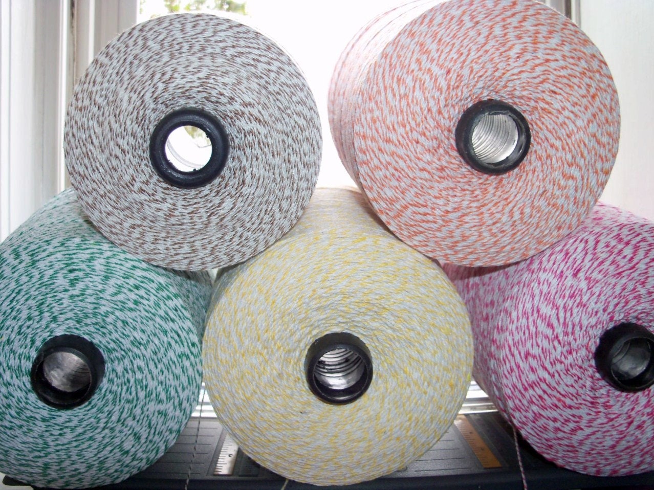 Bakers Twine 300 feet, 100 yards, 91.44 meters BABY Colors on Chipboard - Paris Pink, Banana Yellow, Kraft Brown, Green, Turquoise, Orange
