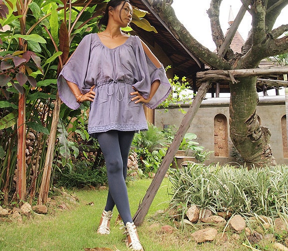 Kimmy...Lace detail tunic Lavender mixed silk (one size fits M-XL)