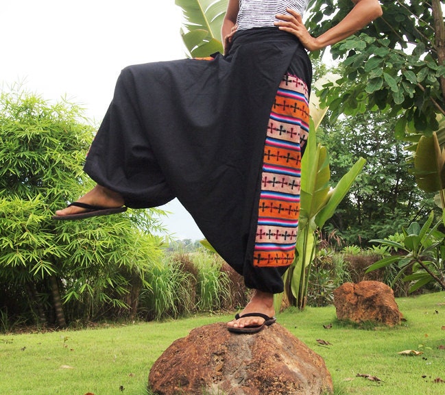 Vintage beauty 45...Black hemp harem pants Tibetan wool patch